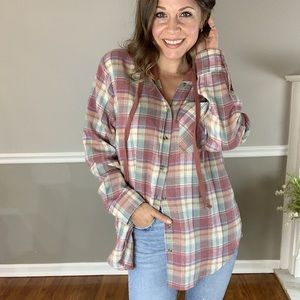 Happy Hooded Plaid Button Down
